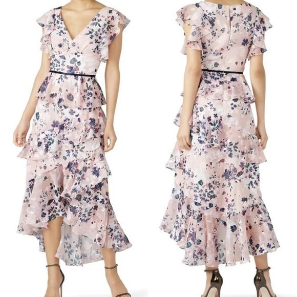 Marchesa Dresses & Skirts - Marchesa Notte Fi Coupe Floral Print Tiered Satin Trimmed Dress Blush Women's 4